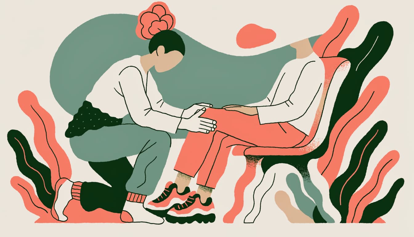 Ilustracja do artykulu „Fizjoterapia w dolegliwościach bólowych kolana" – fizjoterapeuta lub osteopata pracujacy z pacjentem, technika manualna w obszarze kolano.